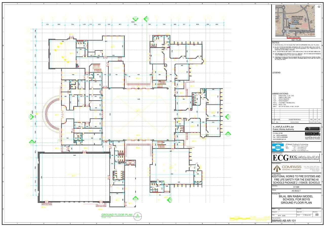 An official engineering ground floor plan drawing for a school project, stamped and prepared by Compass Surveying & Engineering.
