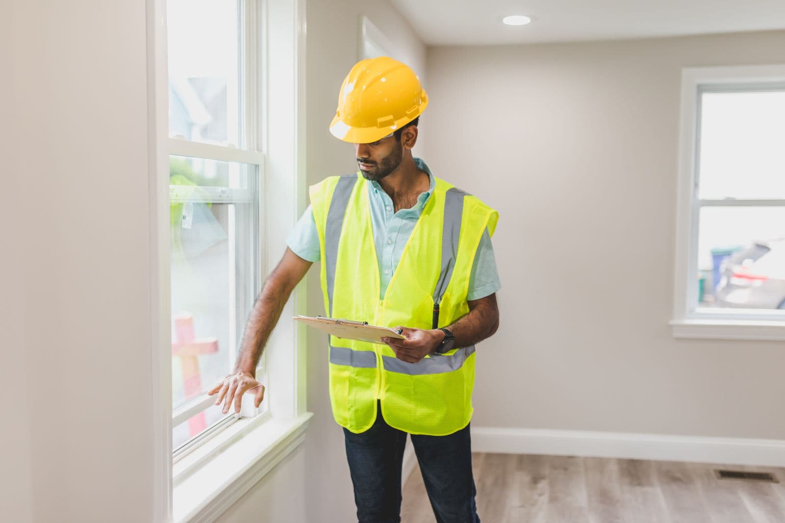 Construction professionals reviewing building plans and a digital model on site