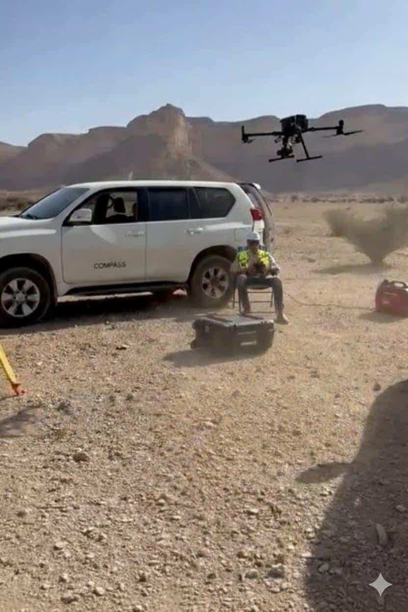 A surveyor wearing a high-visibility Compass vest and safety helmet monitoring an aerial mapping drone flight over desert dunes, with a GPS base station on a tripod in the background.