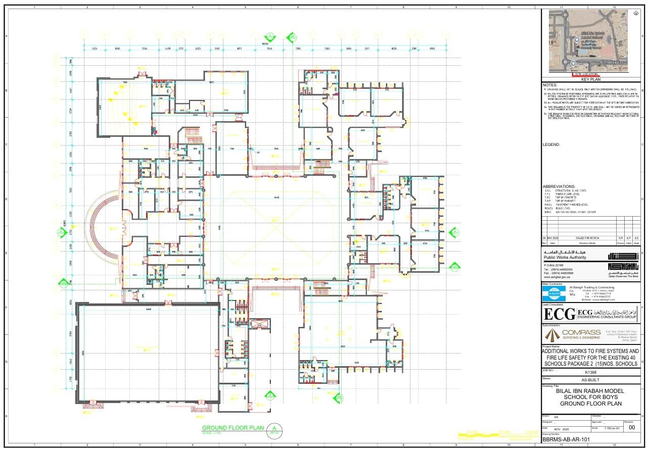 An official engineering ground floor plan drawing for a school project, stamped and prepared by Compass Surveying & Engineering.