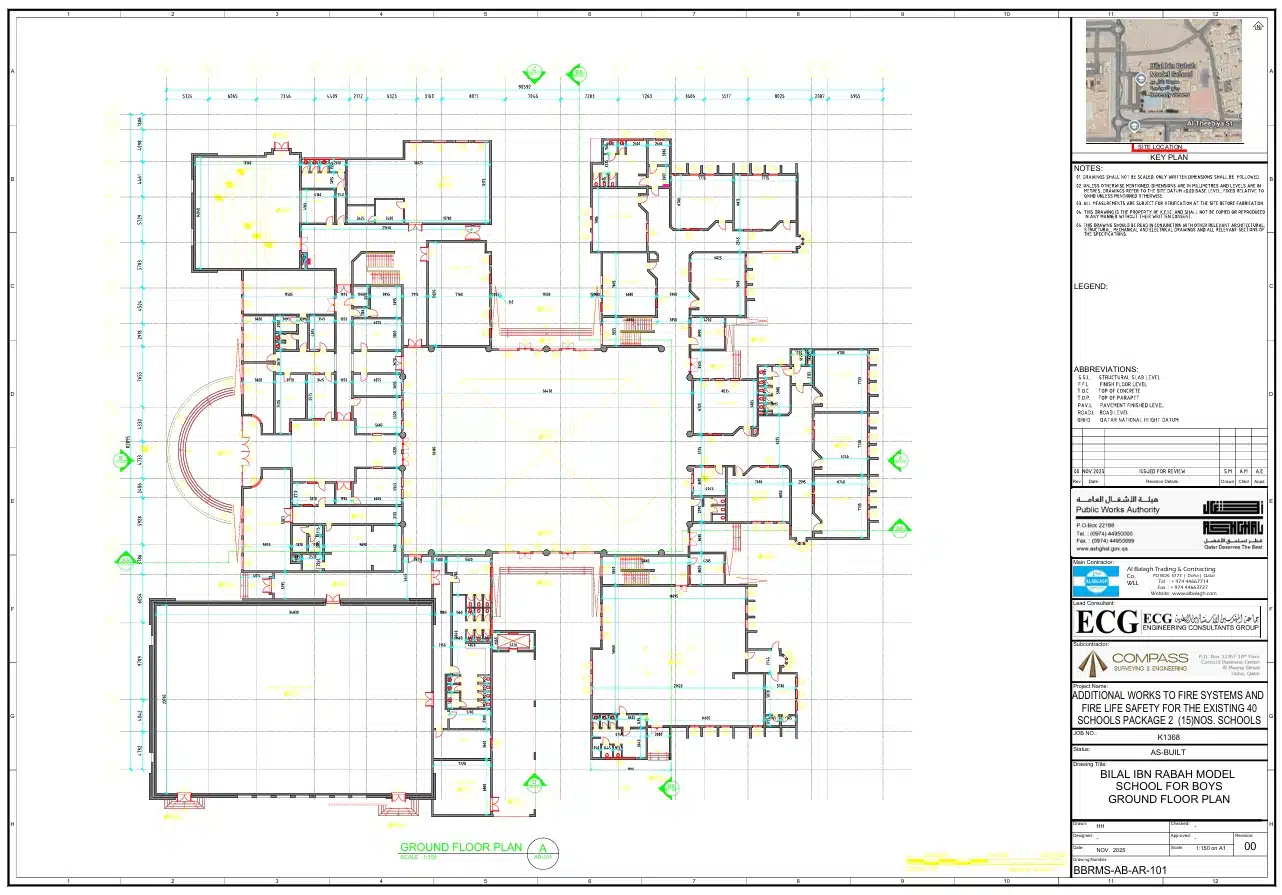 An official engineering ground floor plan drawing for a school project, stamped and prepared by Compass Surveying & Engineering.