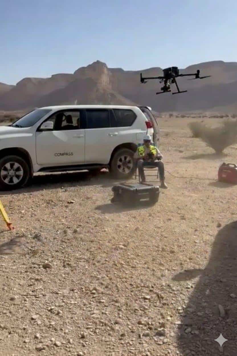 A surveyor wearing a high-visibility Compass vest and safety helmet monitoring an aerial mapping drone flight over desert dunes, with a GPS base station on a tripod in the background.