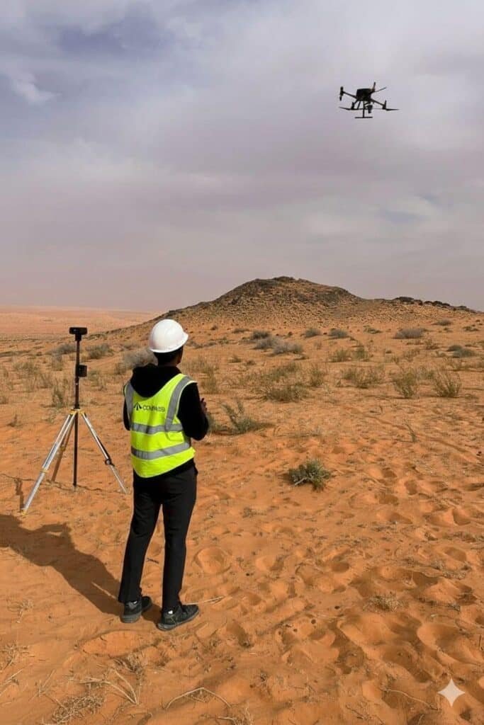 A drone pilot operating a large commercial surveying drone in a rocky desert landscape next to a white Compass company SUV.